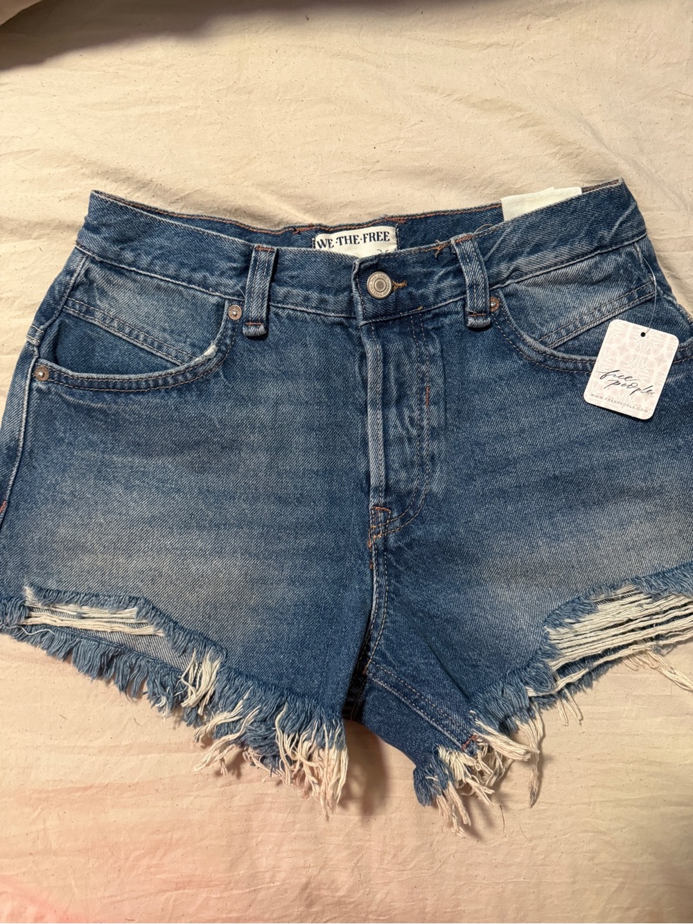 Free People Blue Now or Never Distressed Frayed Hem Denim Shorts